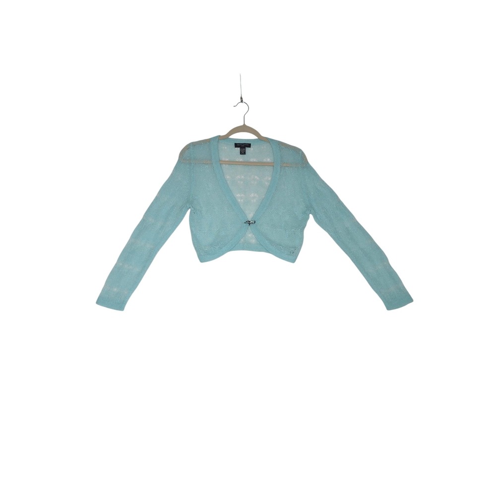 Y2K Delicate SzPM Mohair Blend Cropped Cardigan AquaBlue Shrug Lightweight Warm